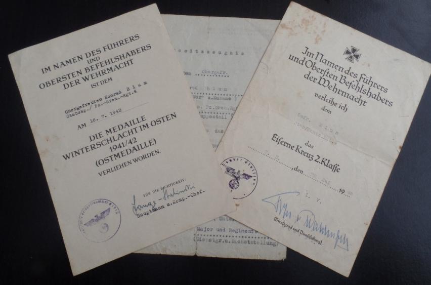 WH (Heeres) 3-pieced award-document grouping - Schtz.Rgt.4 / 6. Pz.Div. - Blum