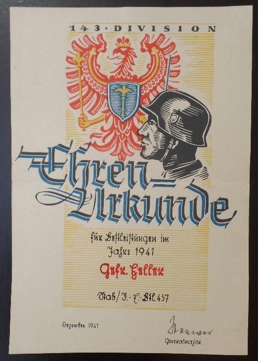 Ehrenurkunde 143.Divison-Heller 