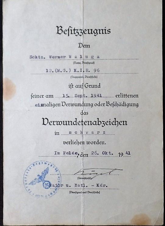 Single award document WH (Heer) 32.Inf.Div. Waluga.