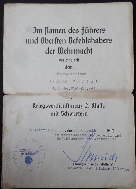 Single award document Luftwaffe -schw.Flakabt.462 - Christ