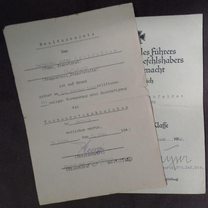 Award document set WH (Heer) - 269.Inf.Div. -  Rothfelder