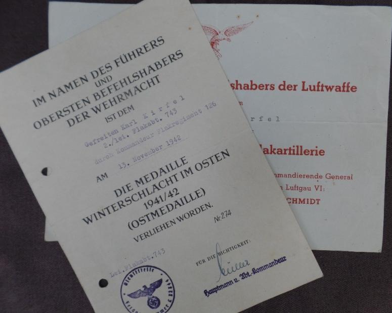  Award document set Luftwaffe - Flakabt.743 - Kirfel