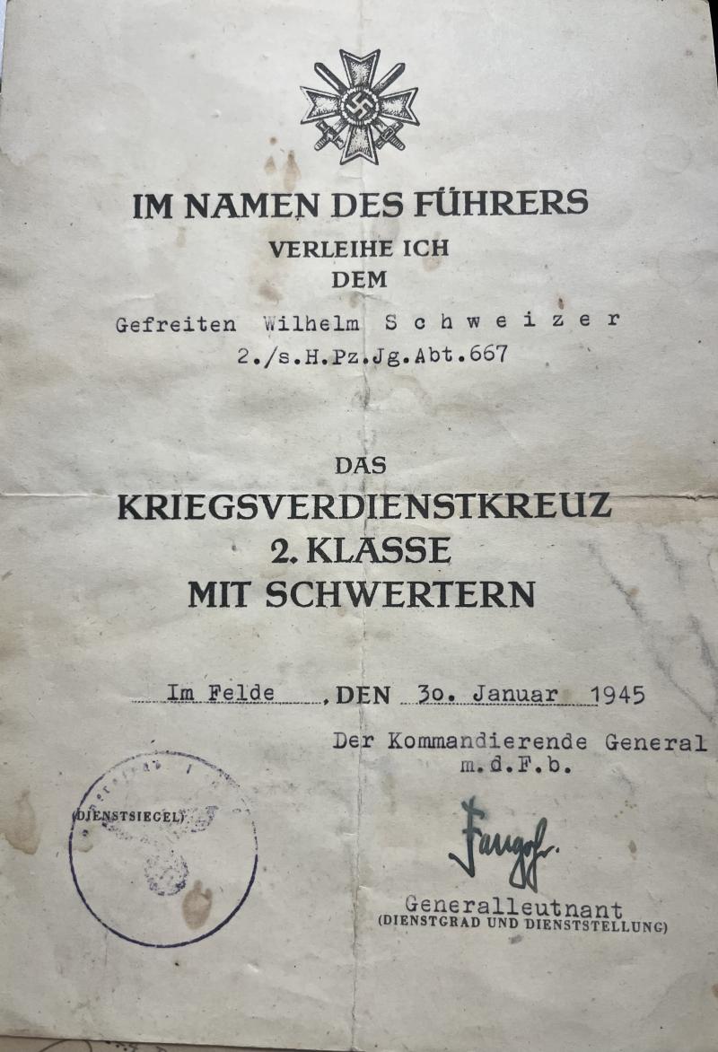 Single award document (Heer) -  s.H.Pz.Jg.Abt.667.- Schweizer