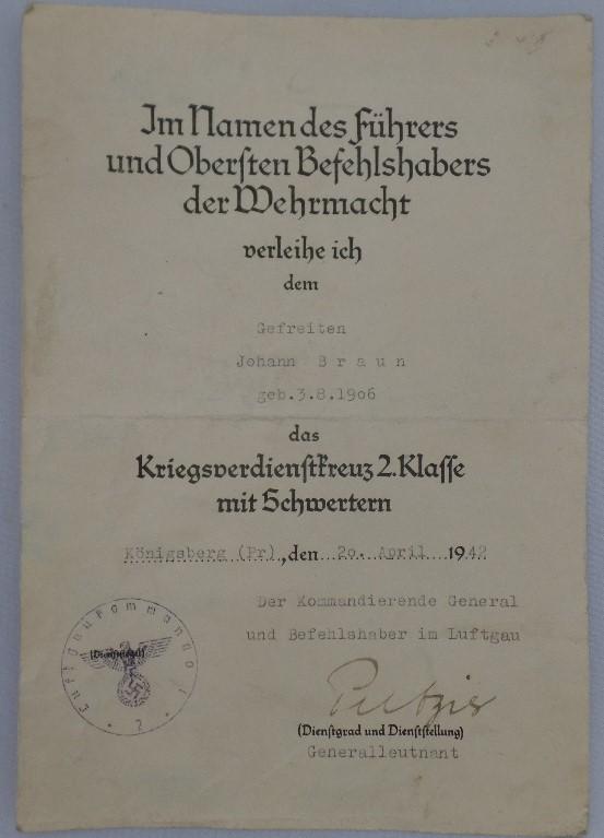 Single award document Luftwaffe - Luftgau Kommando 1 - Braun