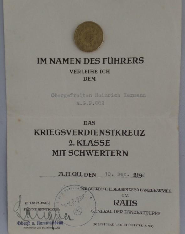 Single award document WH (Heer) - 4.Pz.Armee - Hermann