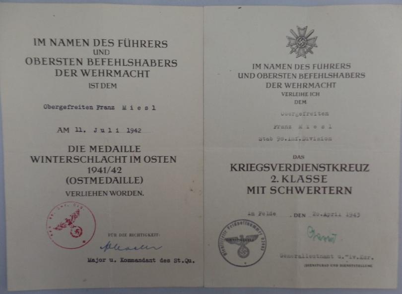 Citation set - WH (Heer) - 98.Inf.Div. - Miesl