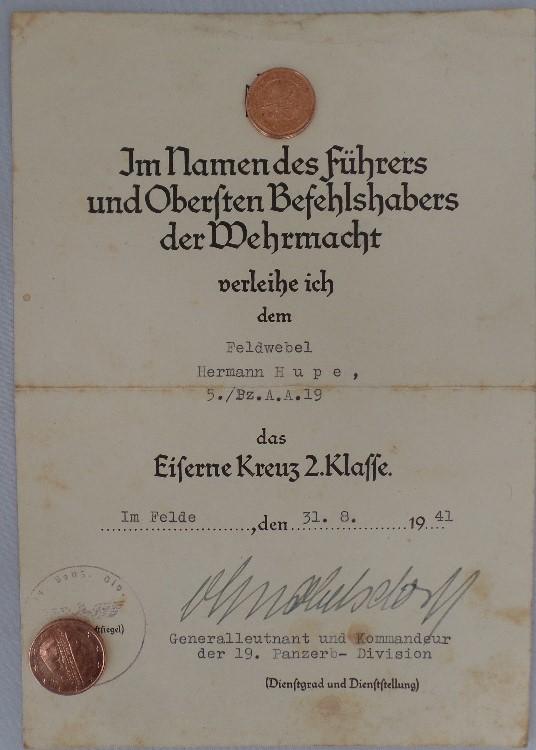 Citation - WH (Heer) - 19.Pz.Div. - Hupe
