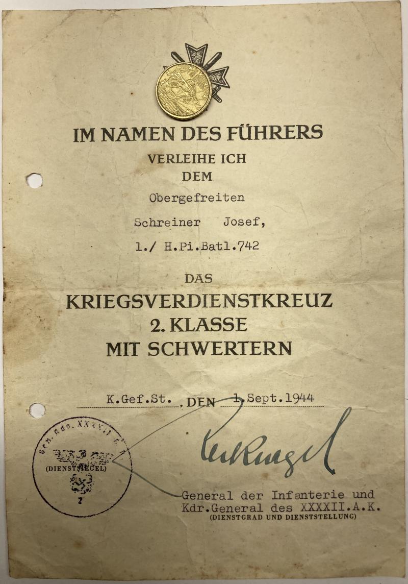 Citation -  WH (Heer) -  H.Pi.Batl.742 - Schreiner
