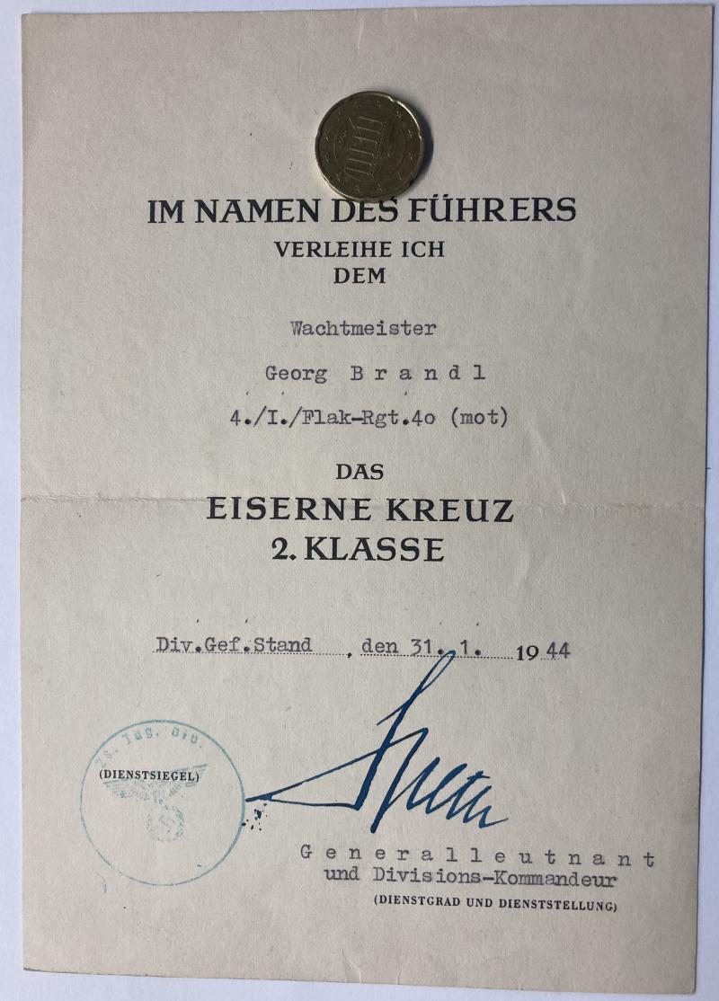 Citation - Luftwaffe - Flak Rgt.40 (mot) / 28.Jäger Div. - Brandl