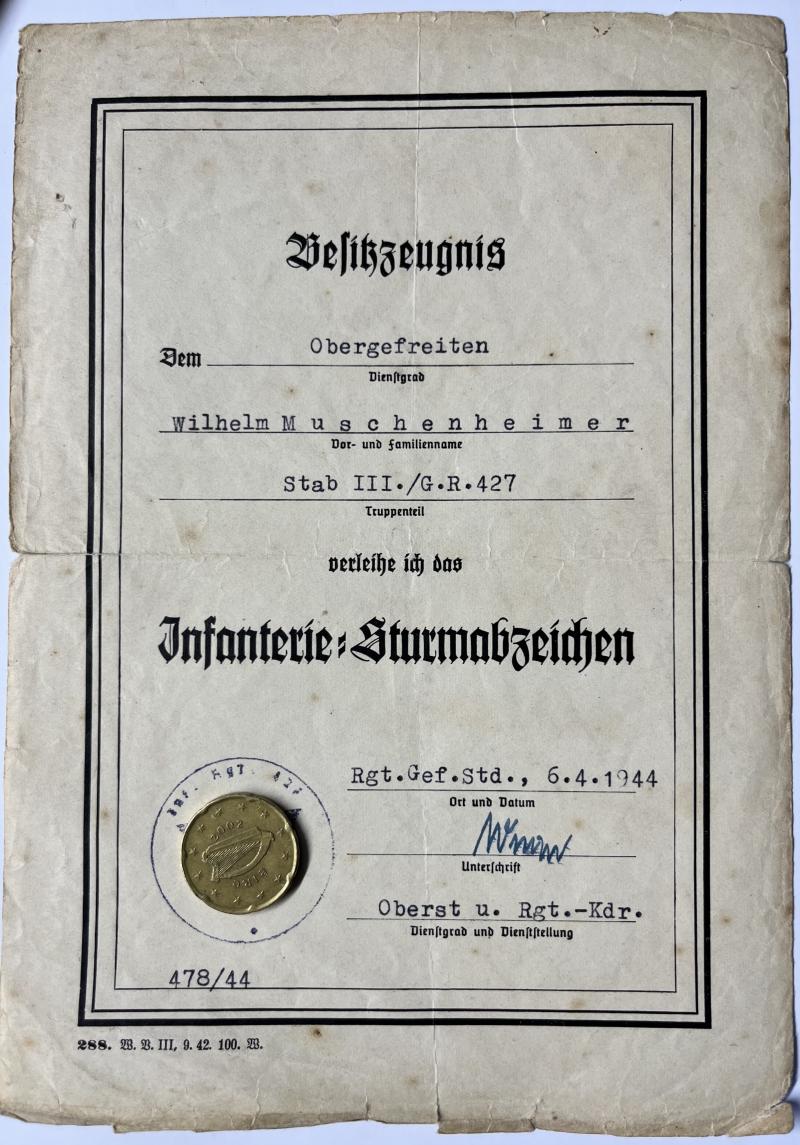 Citation  -  WH (Heer) -  129.Inf.Div. - Muschenheimer