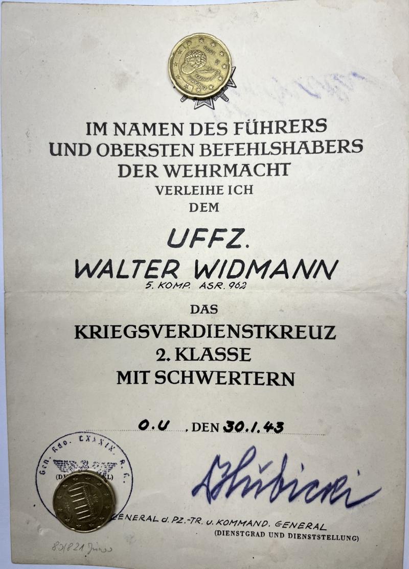 Citation - WH (Heer) -  Afrika Schützen Rgt.962  / Afrika Brigade 999 - Widmann
