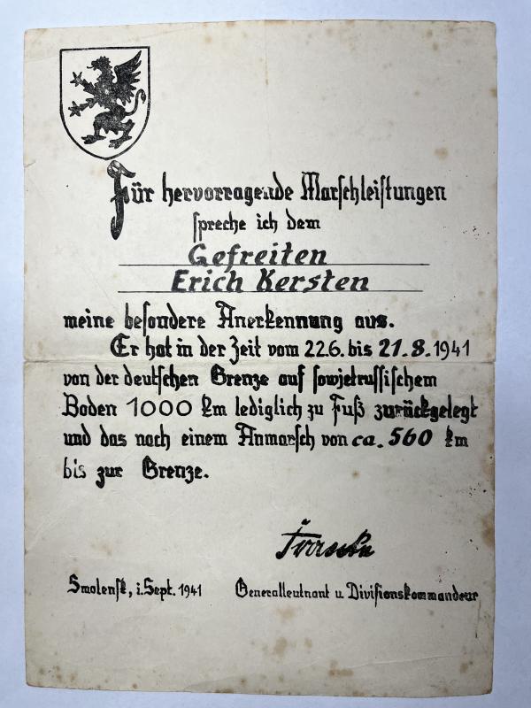 Citation/certificate - WH (Heer) - 162.Inf.Div.? - Kersten