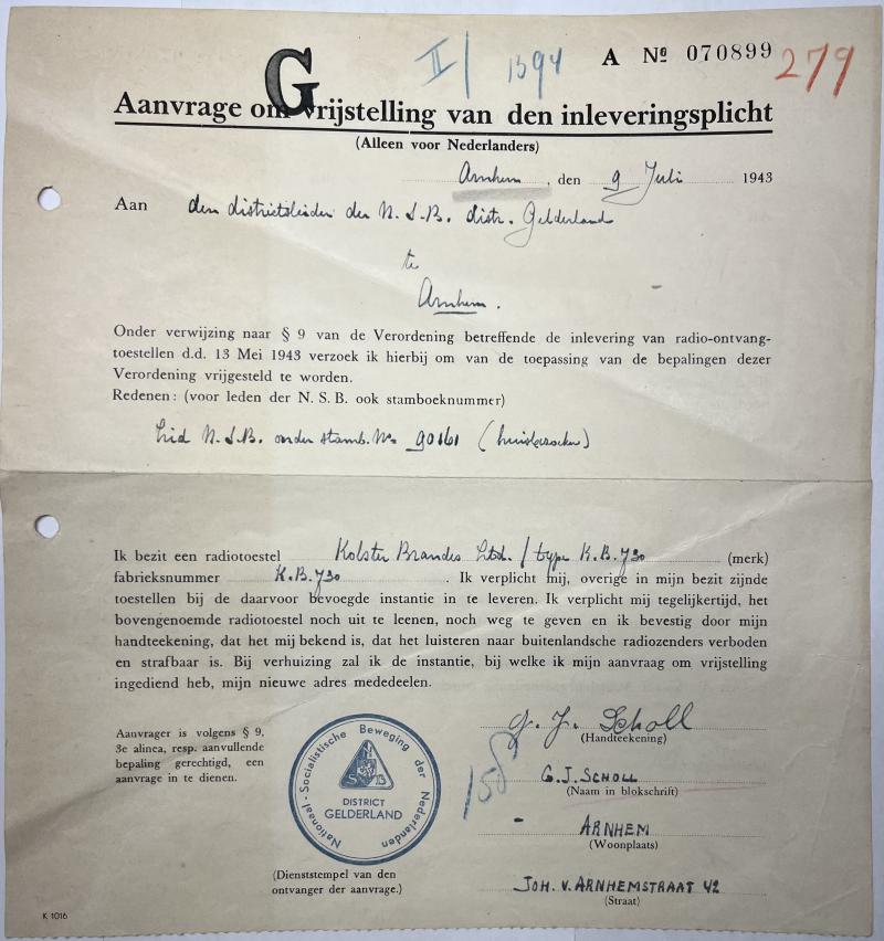 Radio license request - NSB - Arnhem/Netherlands - 1943 - Scholl