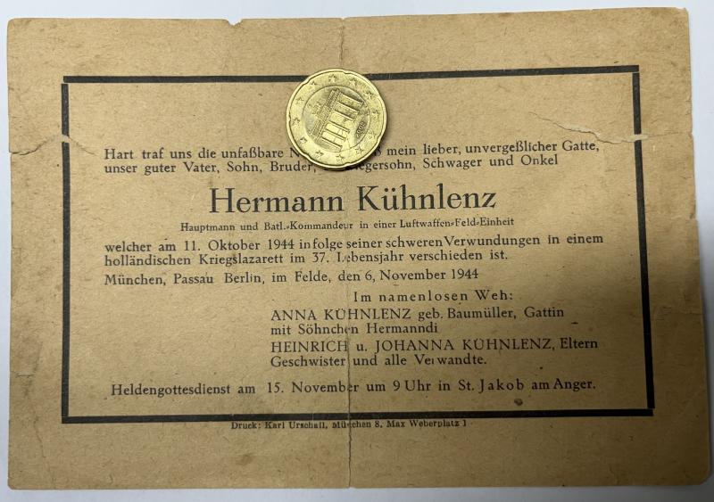 Death notice - Luftwaffen-Feld-Einheit - Holland 1944 -Kühnlenz
