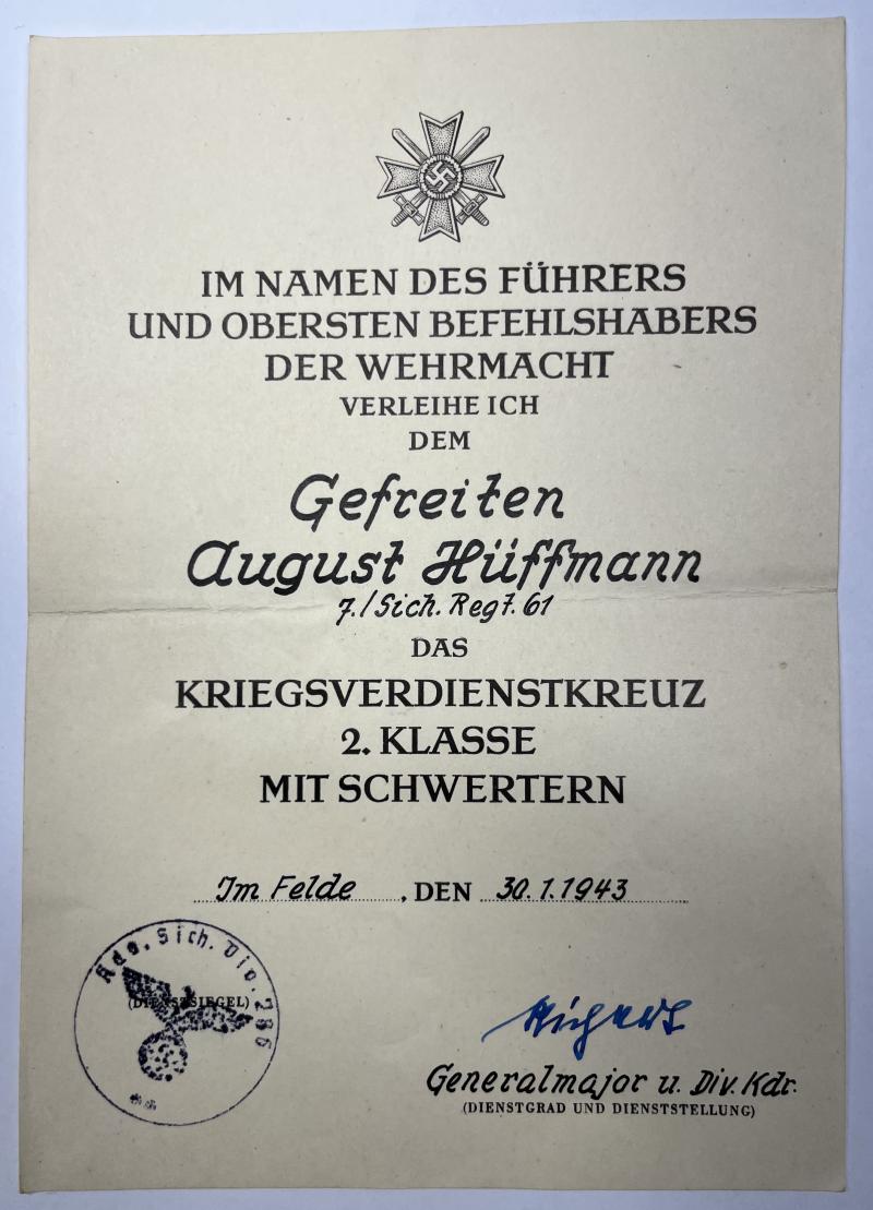 Citation - WH (Heer) -  286 Sich.Div. - Hüffmann