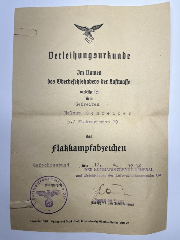 Citation - Luftwaffe - 18.Flak Div. - Schreiber