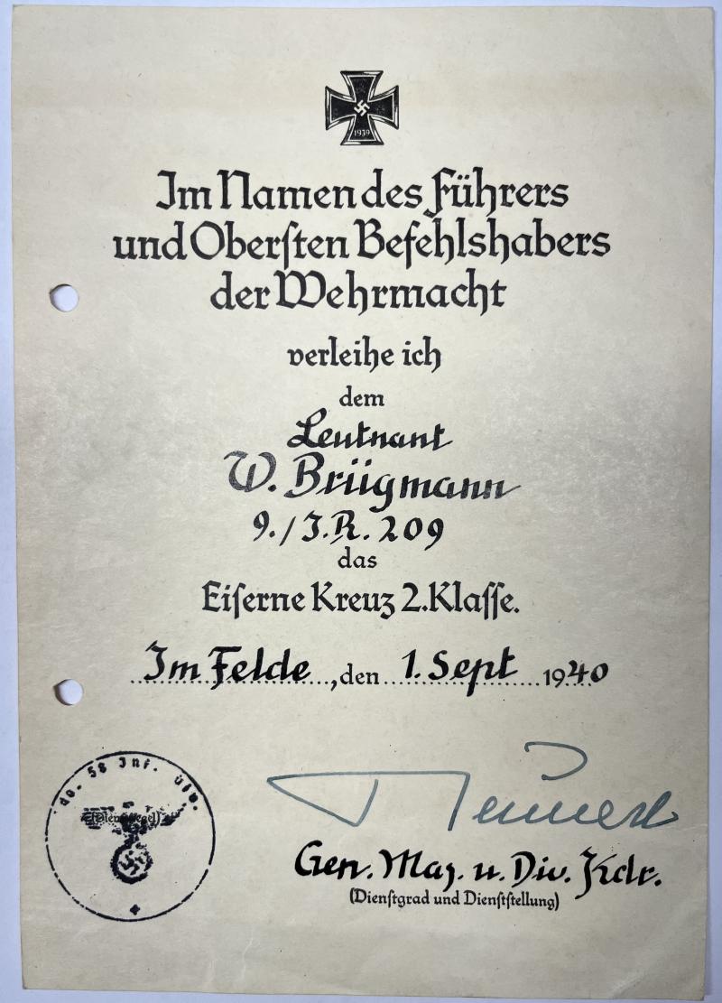 Citation  -  WH (Heer) -  58.Inf.Div. - Brügmann