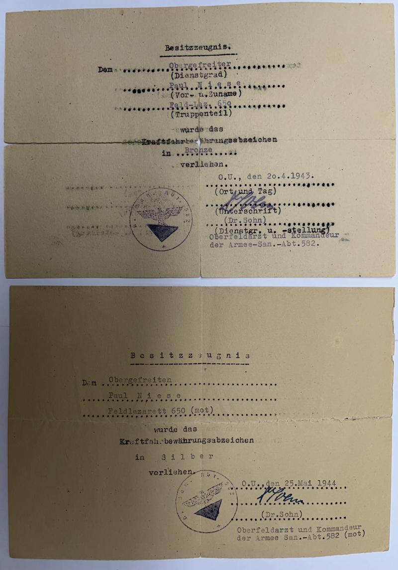 Soldbuch/citation grouping - WH (Heer) - Feldlazarett (mot) 650 - Niese