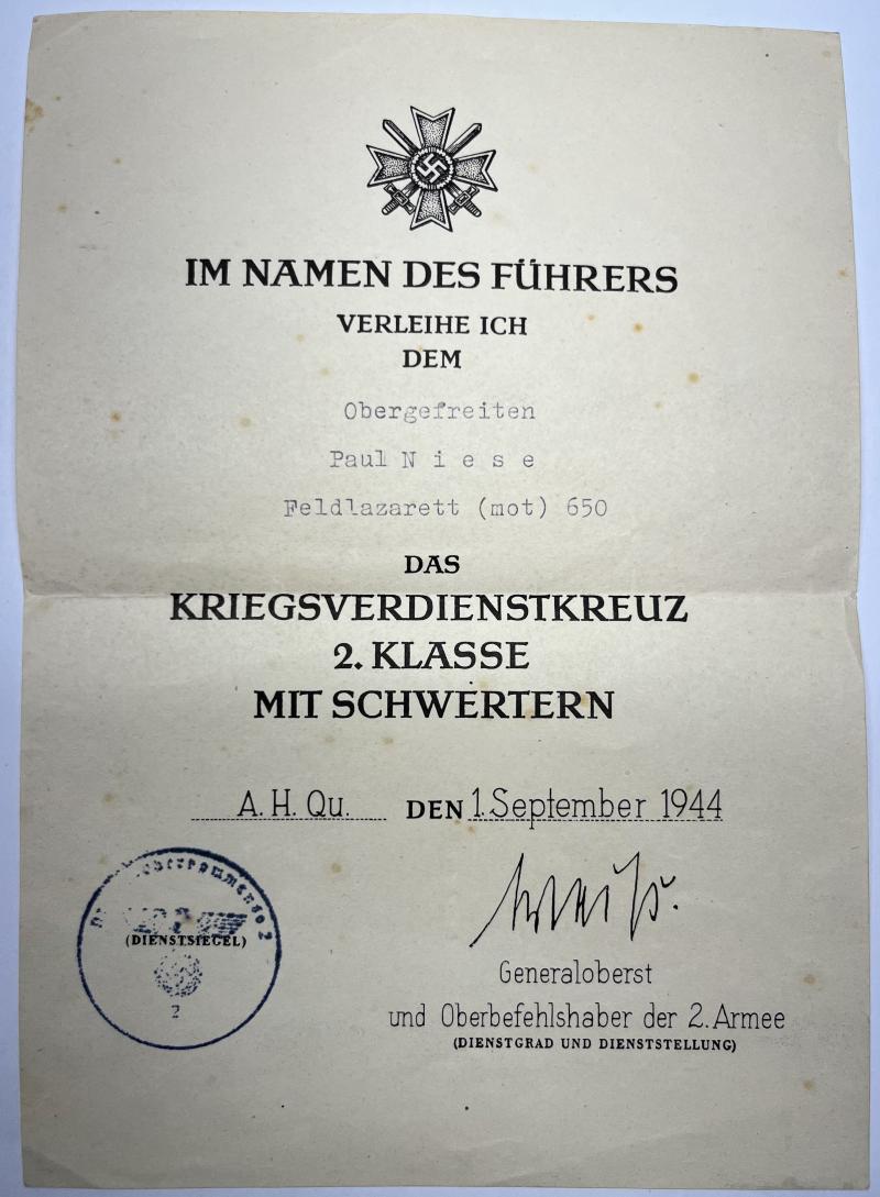 Soldbuch/citation grouping - WH (Heer) - Feldlazarett (mot) 650 - Niese