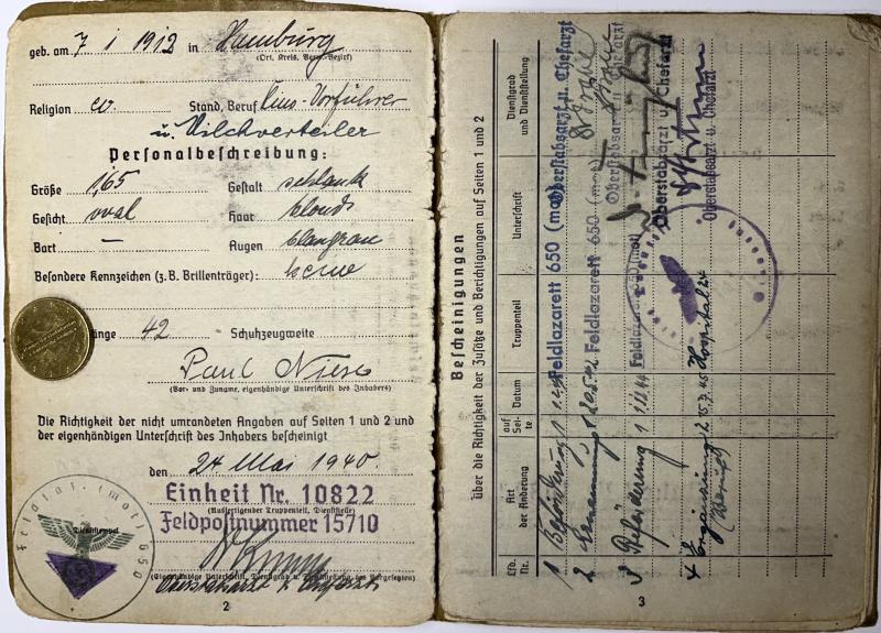 Soldbuch/citation grouping - WH (Heer) - Feldlazarett (mot) 650 - Niese