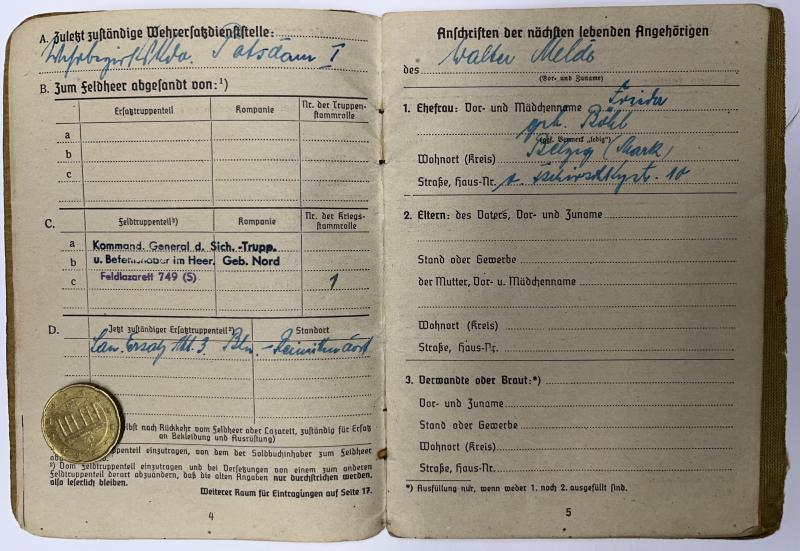 Soldbuch  WH (Heer) - Feldlazarett 749  - Melde