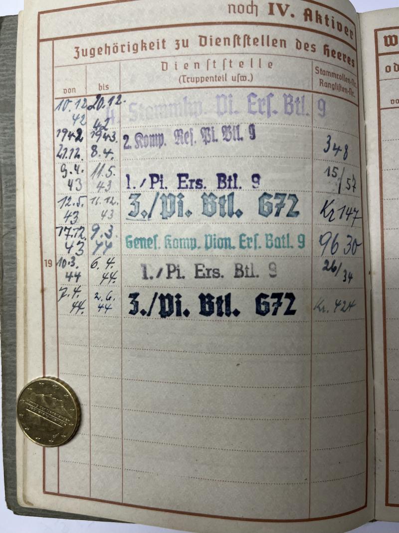 Wehrpass -  WH (Heer) -  Pi.Btl.672 - Richling