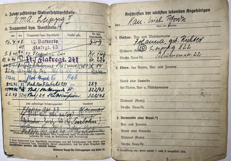 Soldbuch - Luftwaffe - 22.Flak Div. - Pfordte