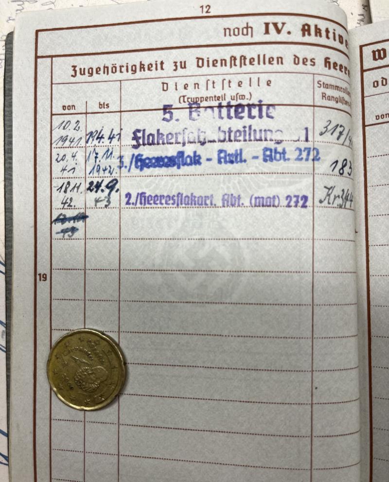 Wehrpass - WH (Heer) - Heeres Flak Abt.272 (mot)- Heiming