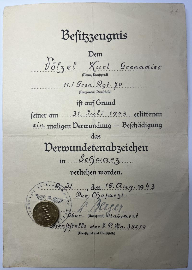 Citation  -  WH (Heer) -  111.Inf.Div. - Völzel