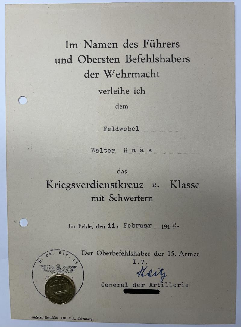 Citation  -  WH (Heer) -  15.Armee - Haas