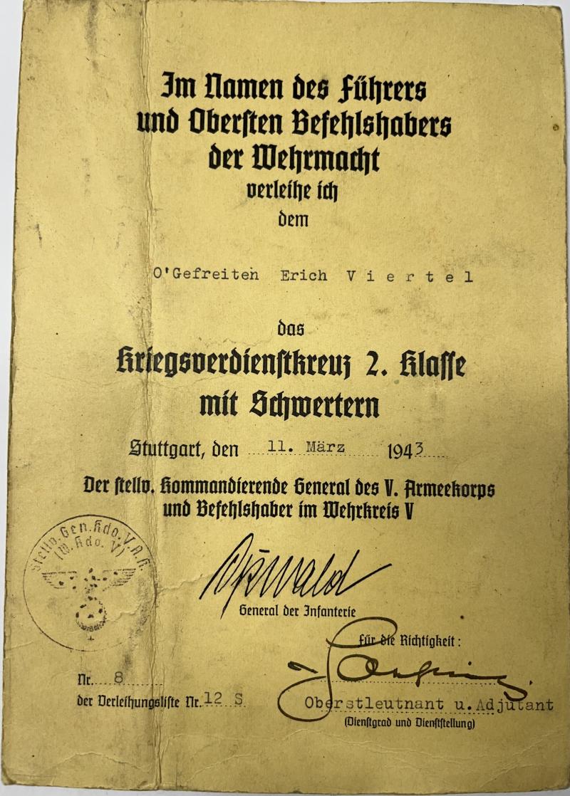 Citation  -  WH (Heer) - Wehrkreis V - Viertel