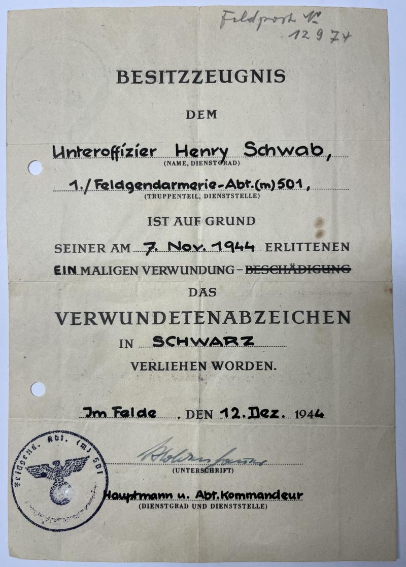 Citation - WH (Heer) - Feldgendarmerie-Abt.(m) 501 - Schwab