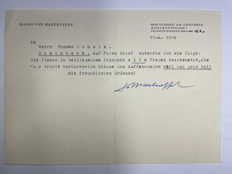 Letter - Hasso von Manteuffel - 1974
