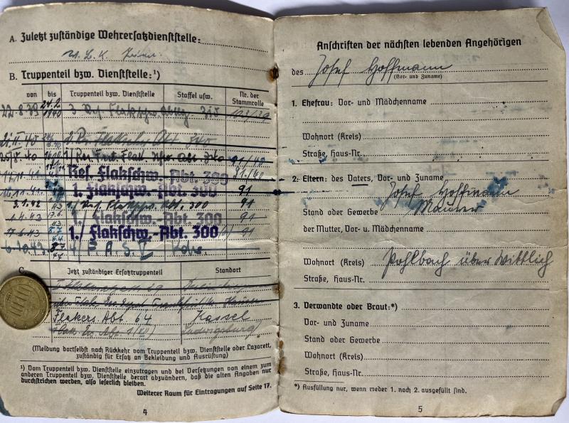 Soldbuch - Luftwaffe - 16.Flak Div. - Hoffmann