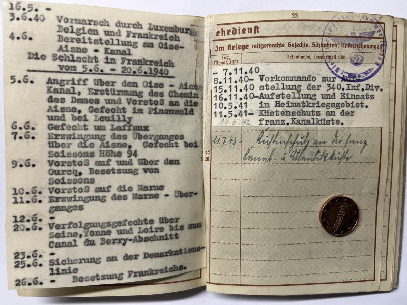 Wehrpass/Soldbuch/citation WH (Heer) - 265.Inf.Div. - St.Nazaire - Hambüch