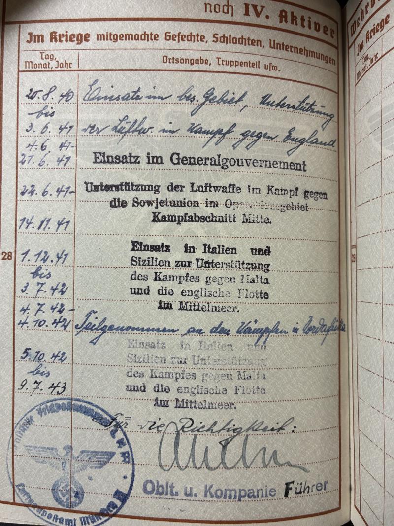 Wehrpass - Luftwaffe - LN-Komp.4./2 - KIA - Sicily - Hellftern