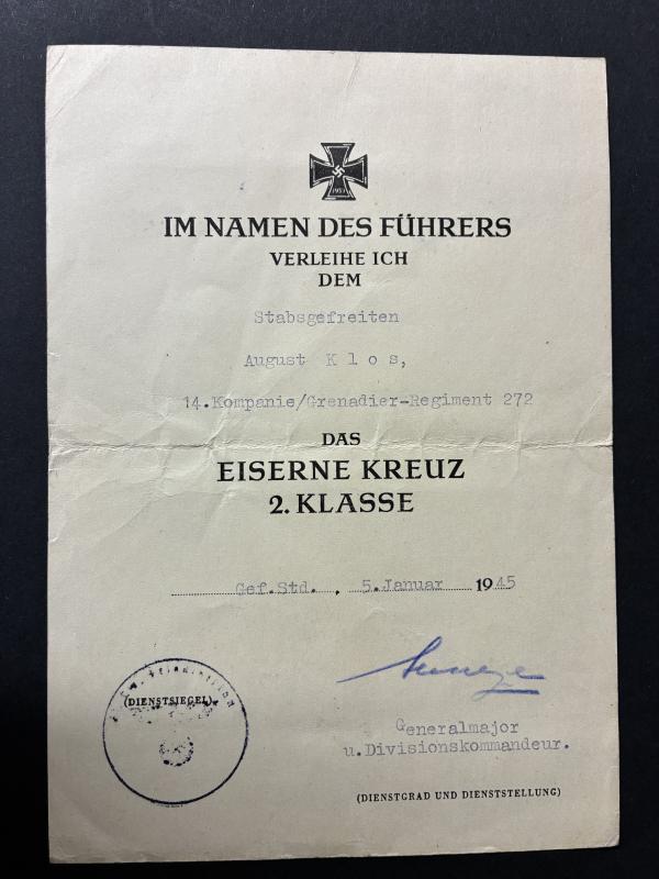 Citation - WH (Heer) - 93.Inf.Div. /21.Feld.Div. - Klos