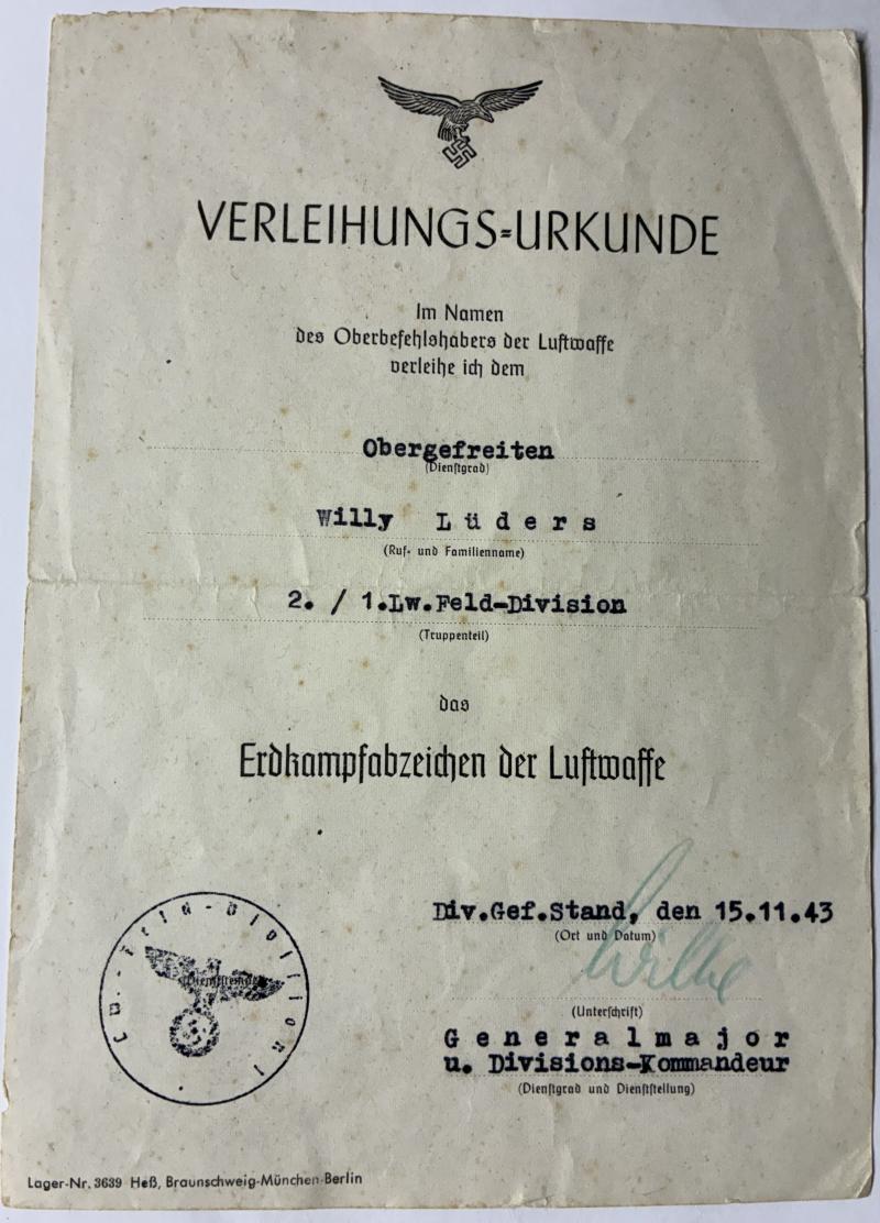 Citation - Luftwaffe - 1.Lw.Feld-Div. - Lüders
