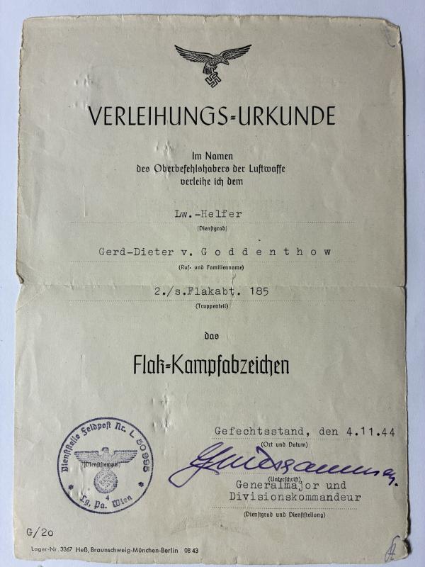 Citation - Luftwaffe - schw.Flakabt.185 - v.Goddenthow